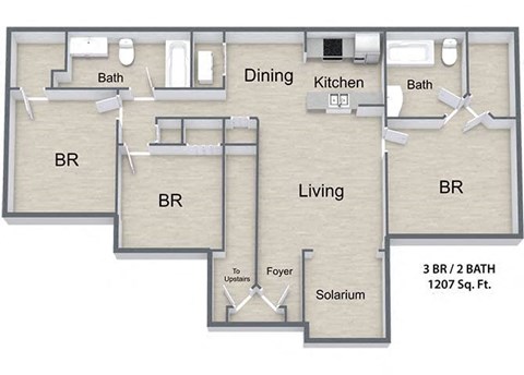 Floor plan for 3 beds, 2 baths, 1207 sqft
